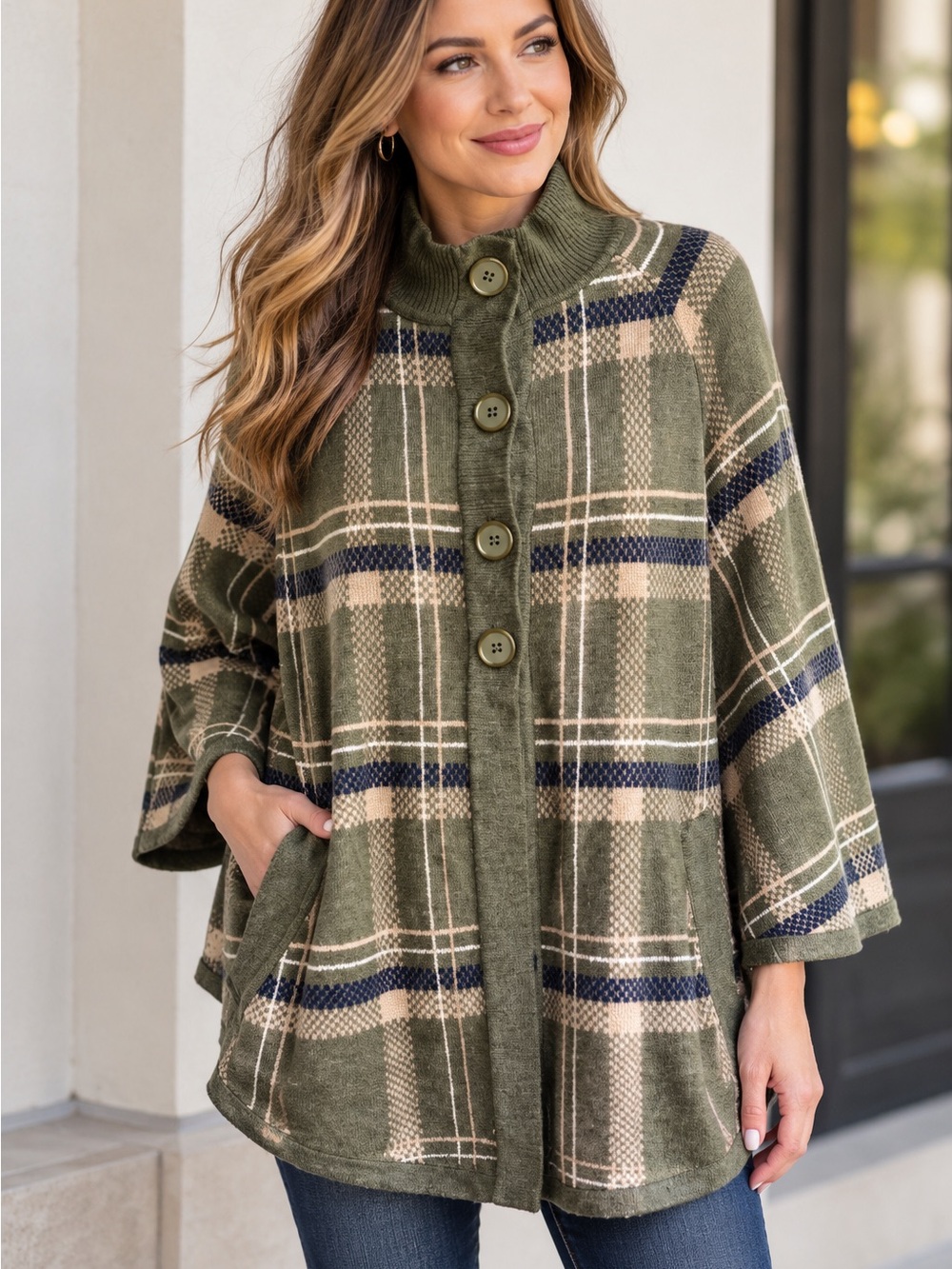 Hot in Hollywood Plaid Cape Poncho Sweater Olive Green M/L